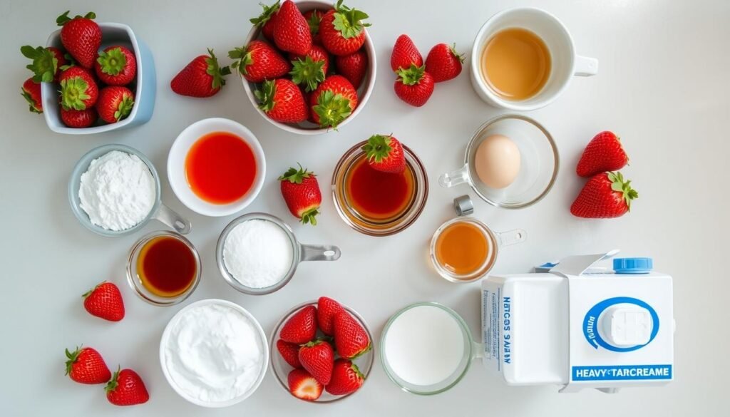 Ingredients for angel cake strawberry shortcake laid out on a counter