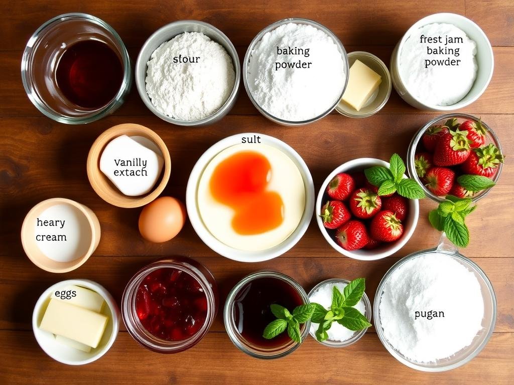 Ingredients for cherry jam strawberry shortcake laid out on a wooden surface including flour, butter, cherry jam jar, fresh strawberries, and cream Ingredients for cherry jam strawberry shortcake laid out on a wooden surface including flour, butter, cherry jam jar, fresh strawberries, and cream