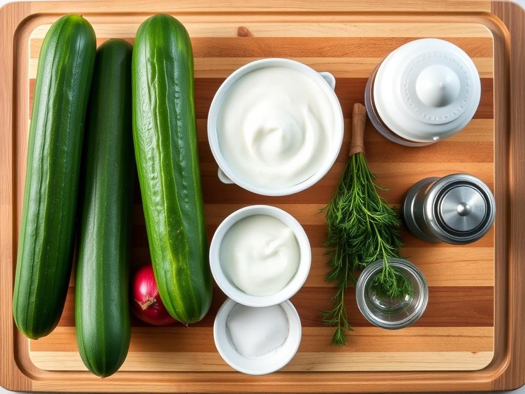 Ingredients for creamy cucumber salad laid out on a wooden cutting board
