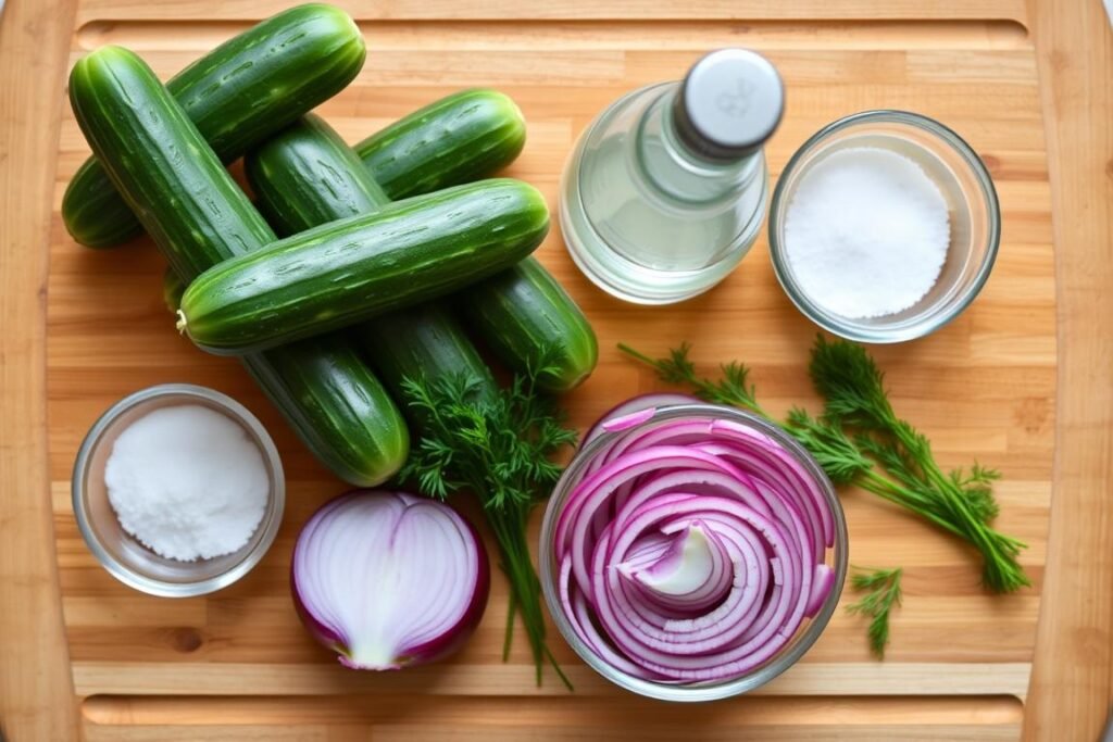 Ingredients for cucumber salad with vinegar arranged on a wooden cutting board