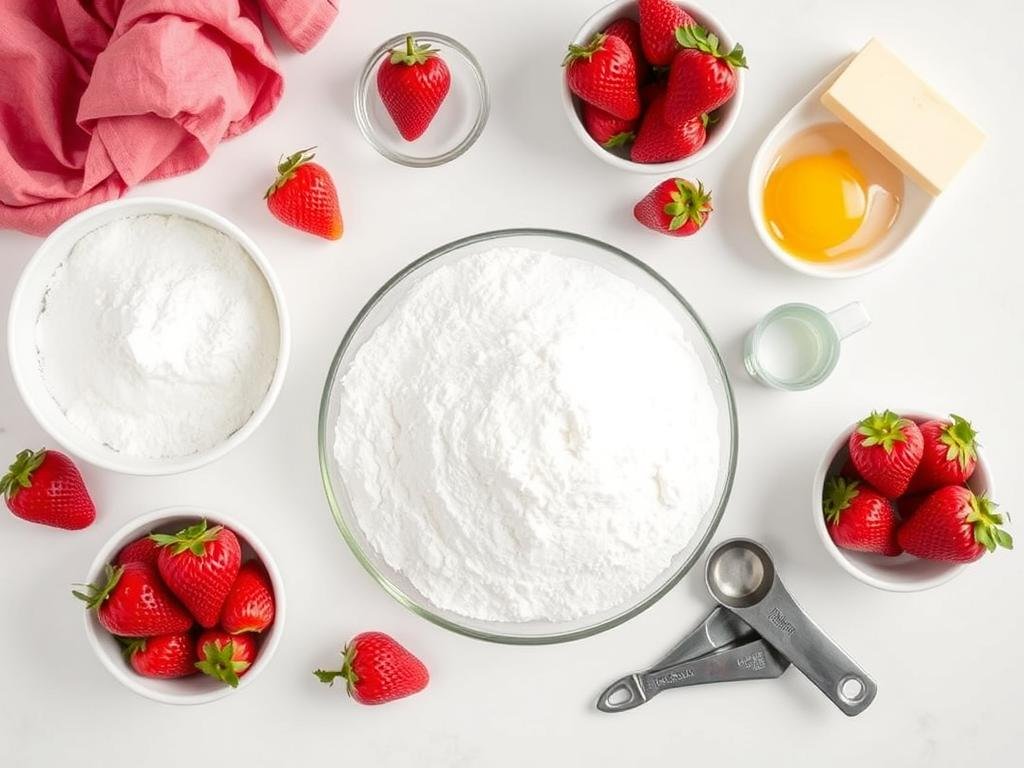 Ingredients for fresh strawberry cake laid out on a counter