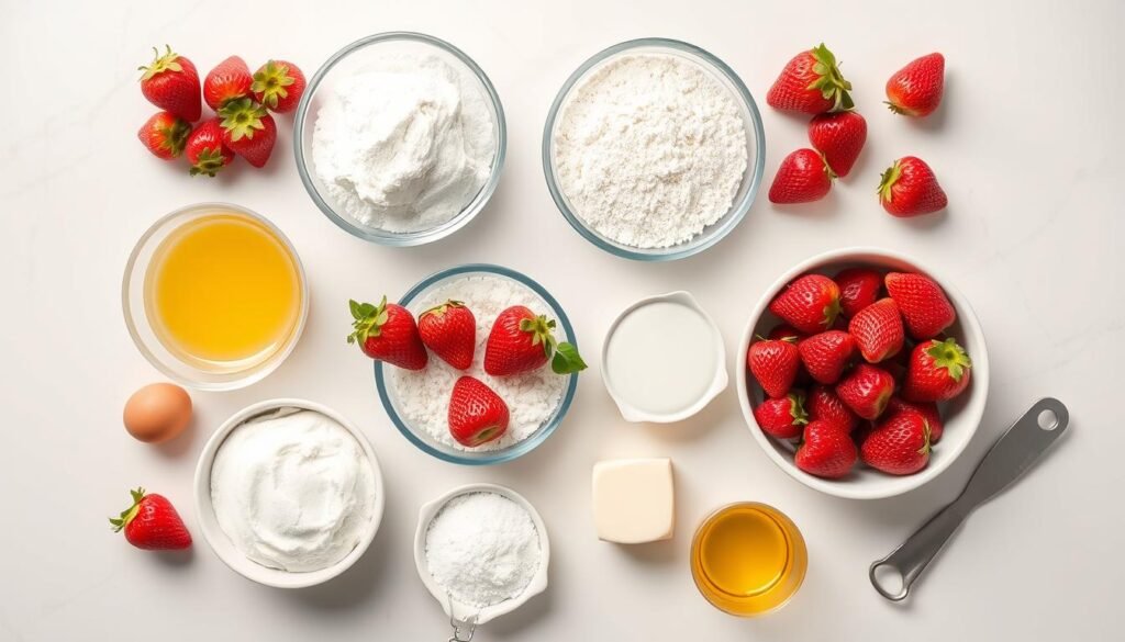 Ingredients for homemade strawberry cake laid out on a kitchen counter