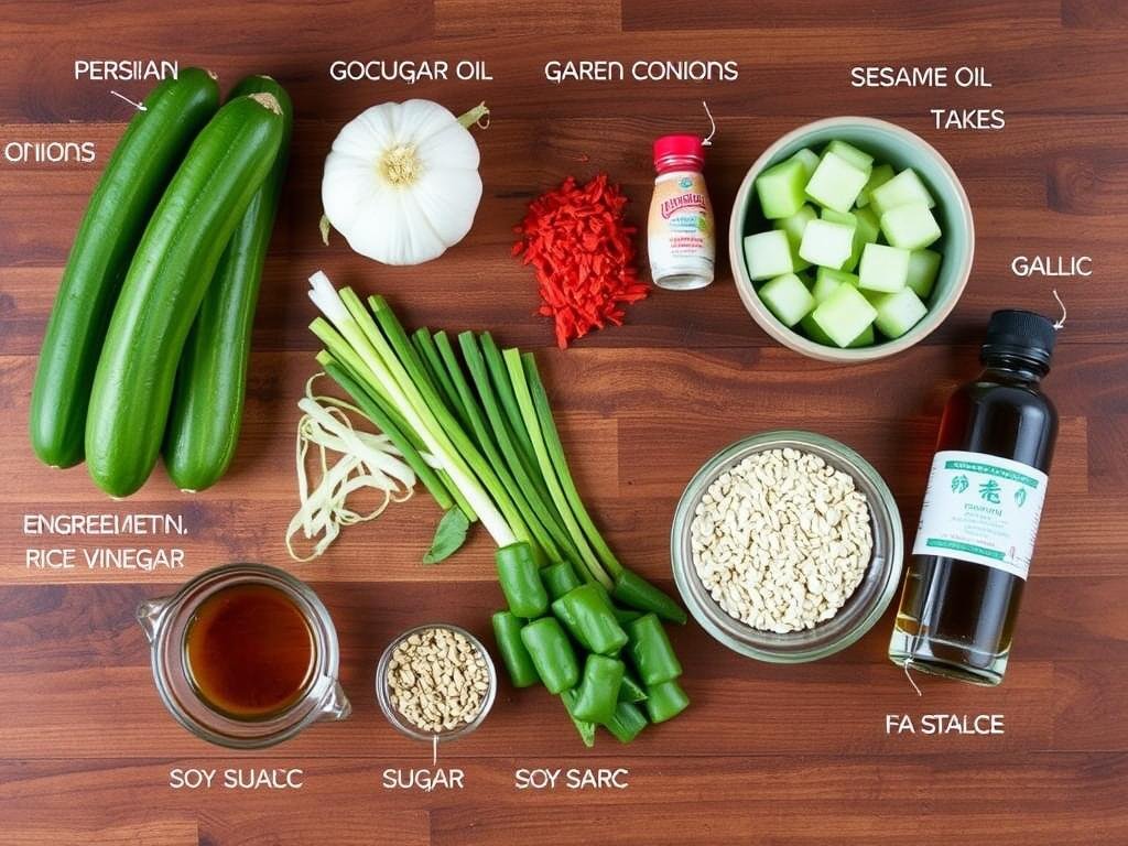 Ingredients for korean cucumber salad laid out on a wooden surface