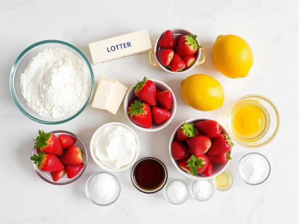 Ingredients for lemon meringue strawberry shortcake laid out on a marble countertop including flour, butter, strawberries, lemons, eggs, and sugar