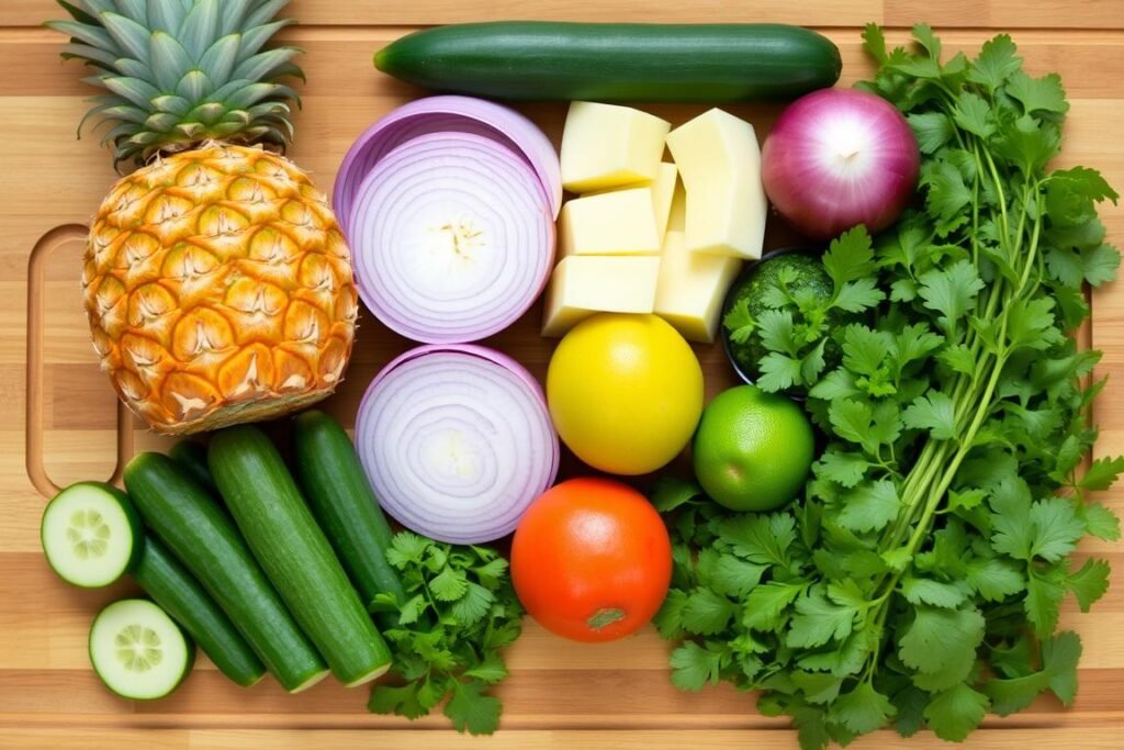 Ingredients for pineapple cucumber salad arranged on a cutting board including fresh pineapple, cucumber, red onion, lime, and herbs