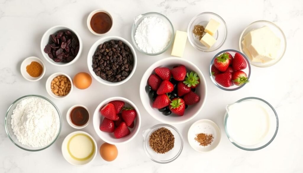 Ingredients for plum pudding strawberry shortcake laid out on a counter