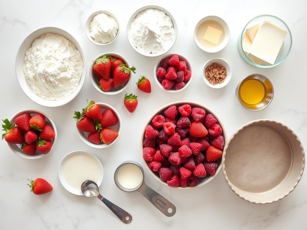 Ingredients for raspberry tart strawberry shortcake laid out on a marble countertop