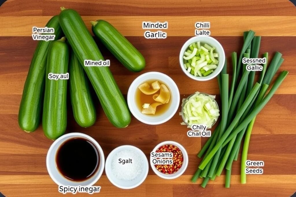 Ingredients for spicy cucumber salad laid out on a wooden surface
