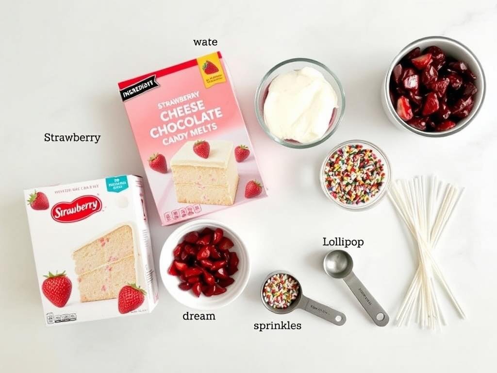 Ingredients for strawberry cake pops laid out on a counter