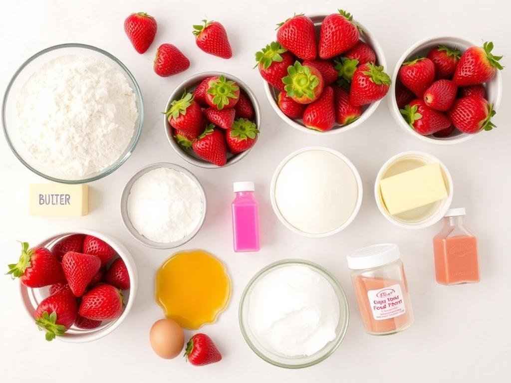 Ingredients for strawberry cake recipe laid out on a counter