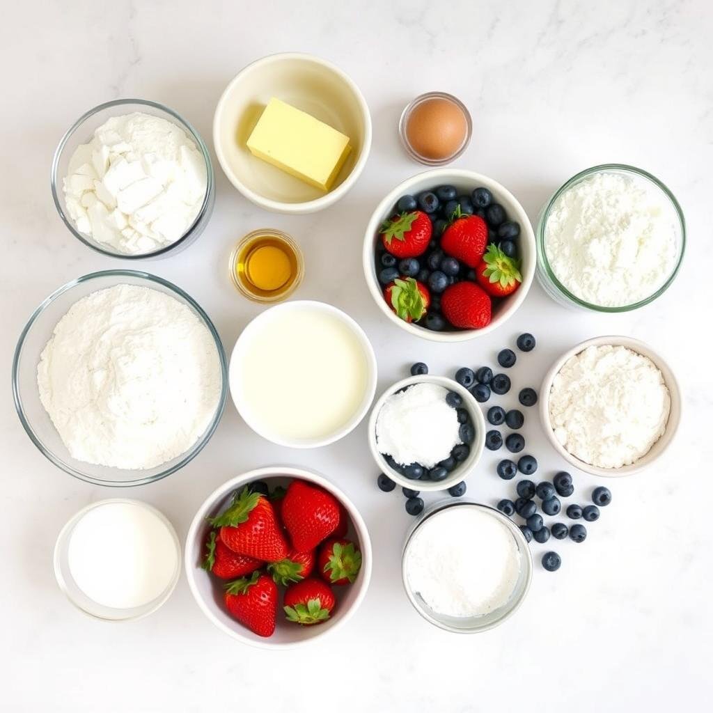 Ingredients for strawberry shortcake blueberry muffins laid out on a counter