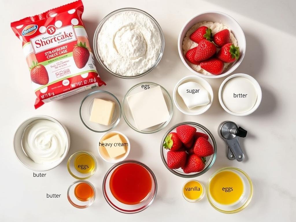 Ingredients for strawberry shortcake cheesecake laid out on a counter