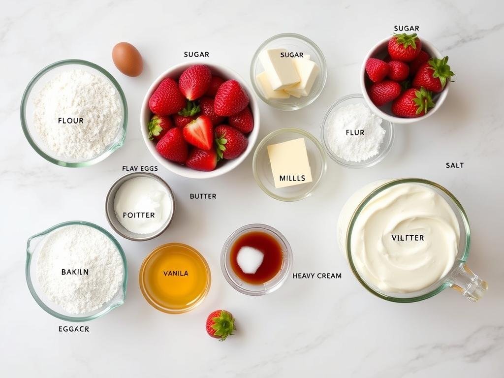 Ingredients for strawberry shortcake laid out on a kitchen counter