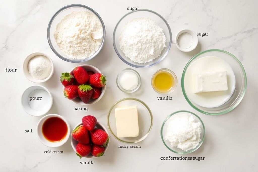 Ingredients for strawberry shortcake laid out on a kitchen counter