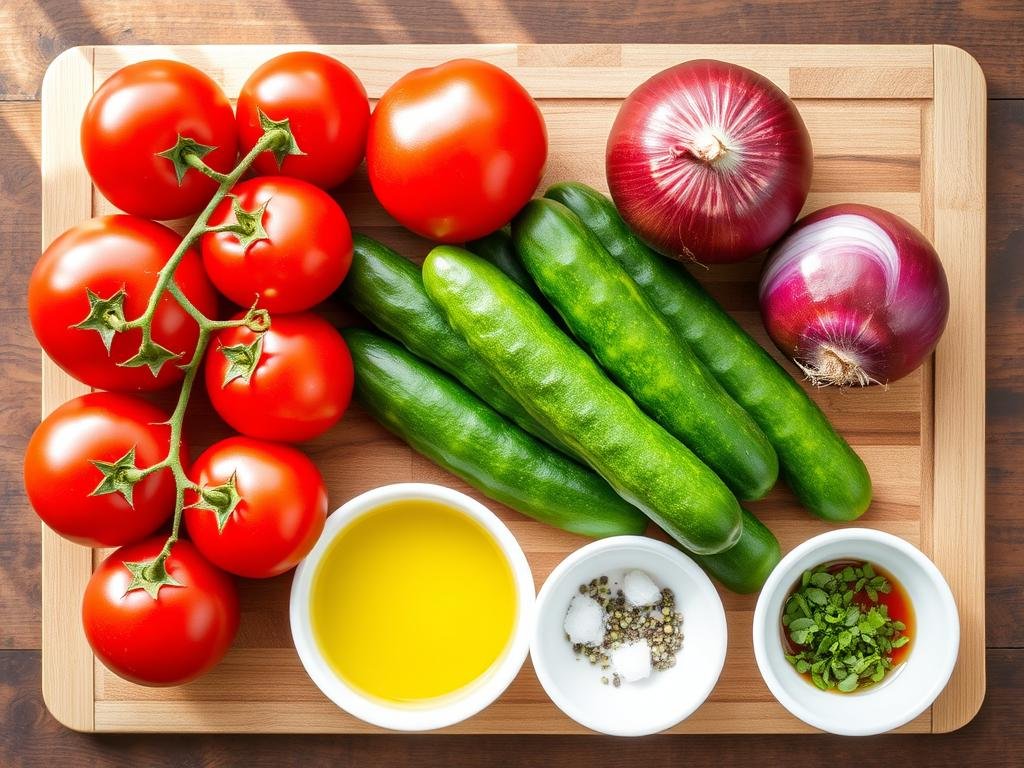 Ingredients for tomato and cucumber salad laid out on a cutting board