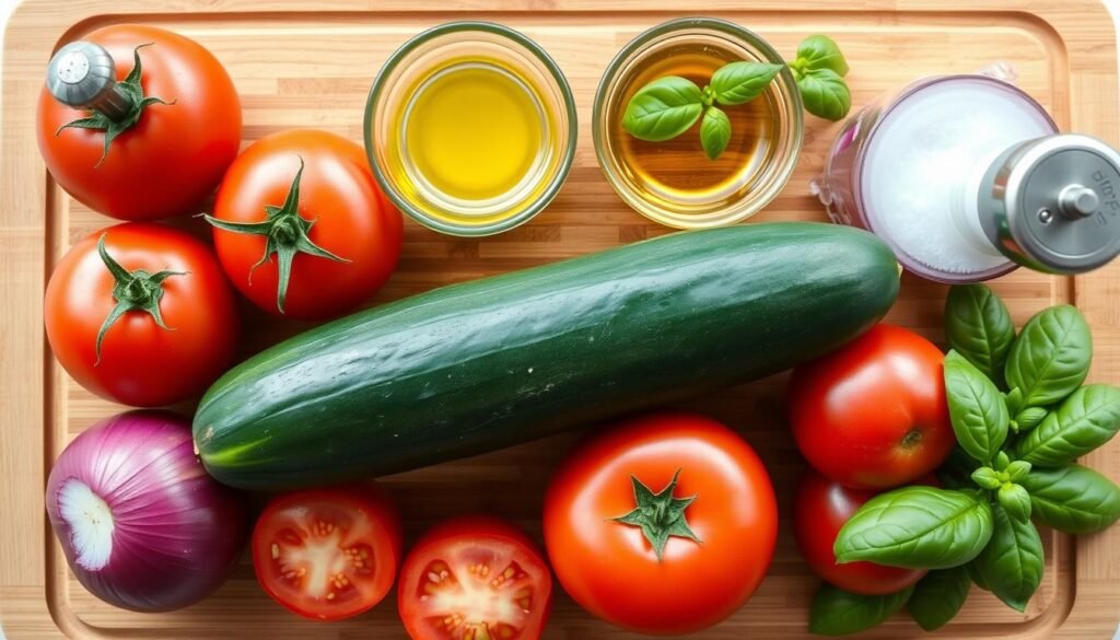 Ingredients for tomato cucumber salad laid out on cutting board