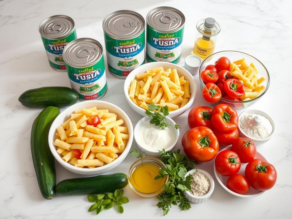 Ingredients for tuna pasta salad laid out on a countertop