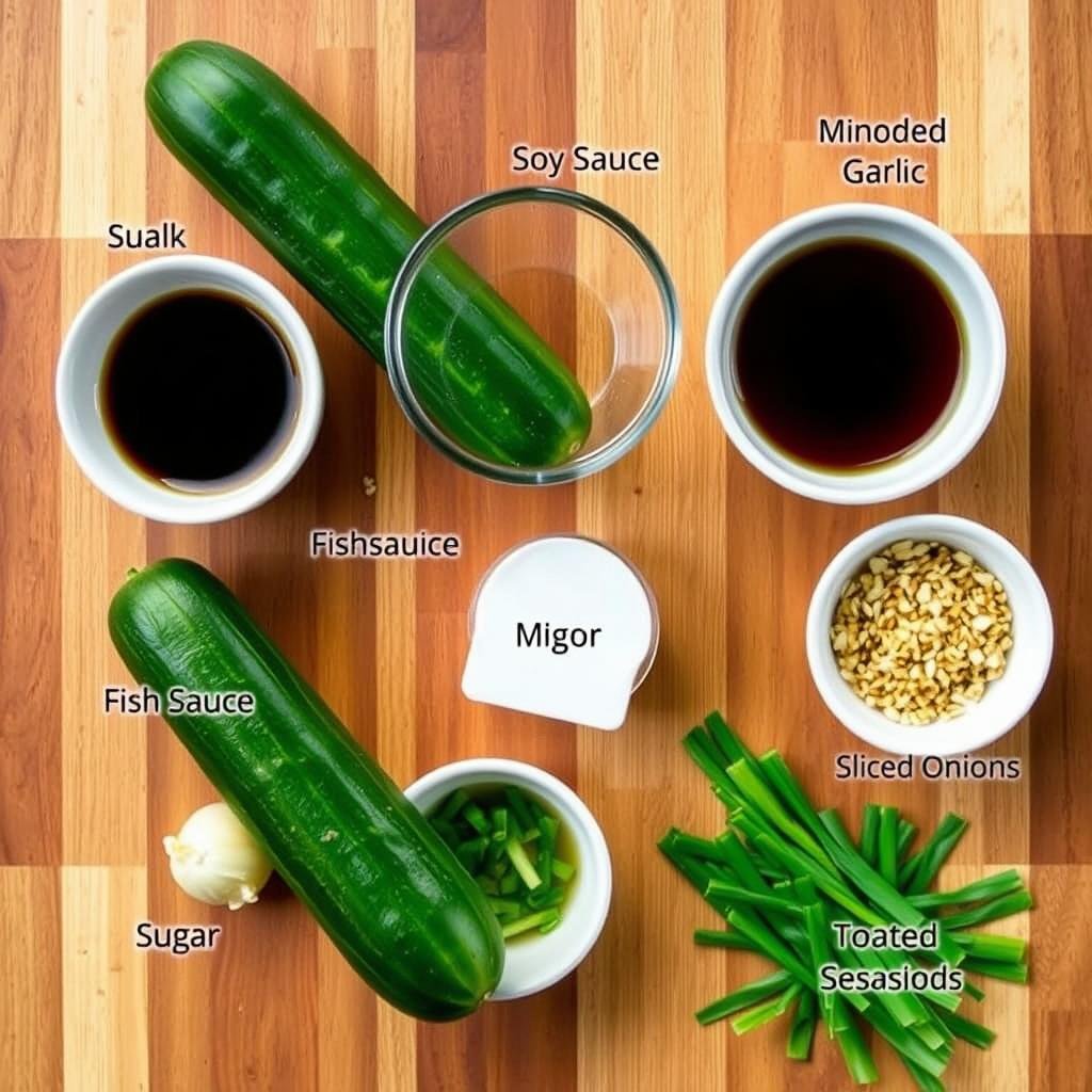 Ingredients for viral cucumber salad laid out on a wooden surface