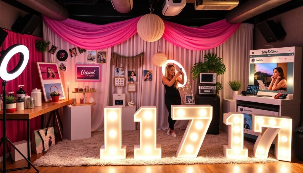 Instagram worthy photo experience 17th birthday theme with multiple photo backdrops, props, and social media elements Instagram worthy photo experience 17th birthday theme with multiple photo backdrops, props, and social media elements
