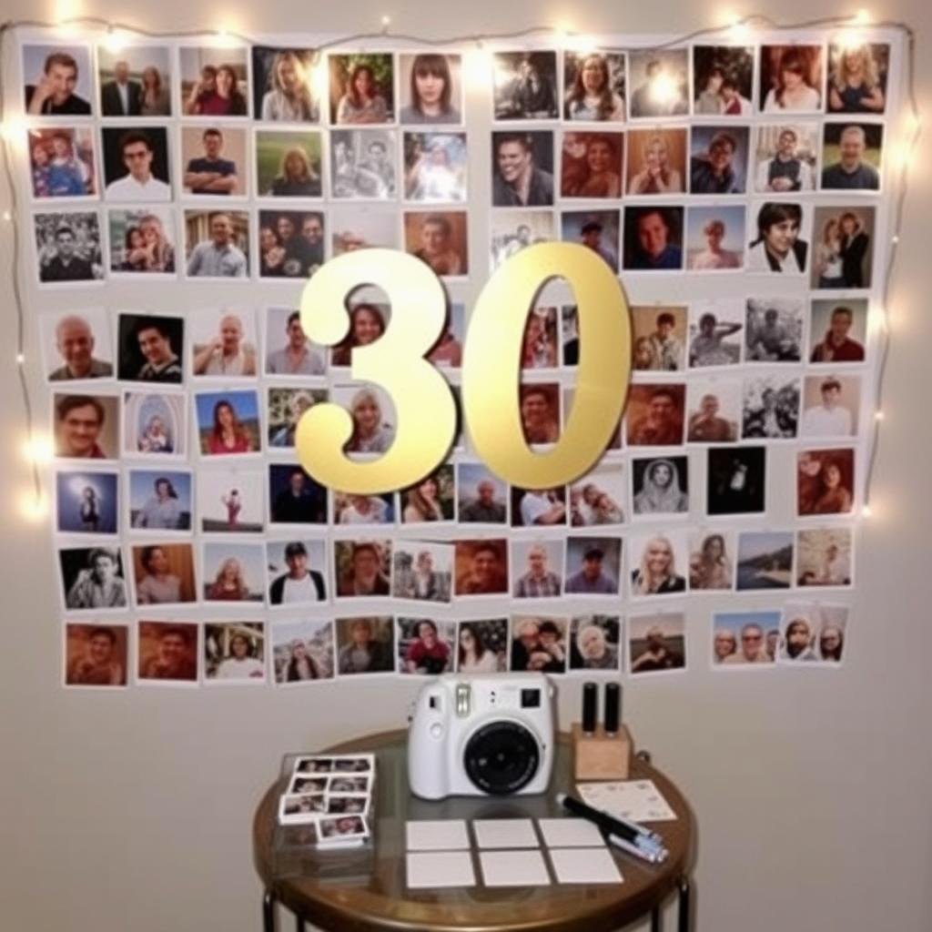 Interactive photo memory wall with Polaroid camera station and space for new photos Interactive photo memory wall with Polaroid camera station and space for new photos