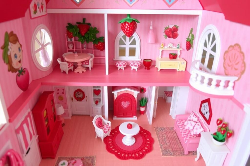 Interior view of the Berry Happy Home dollhouse showing multiple rooms with strawberry-themed furniture