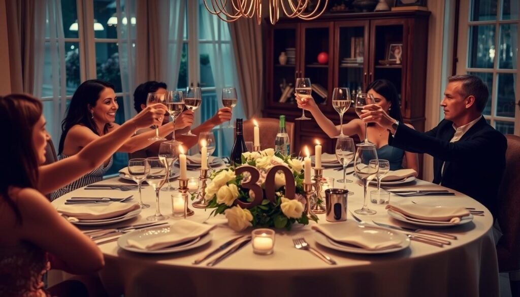 Intimate dinner party at home for a 30th birthday with close friends, candles, and elegant table setting