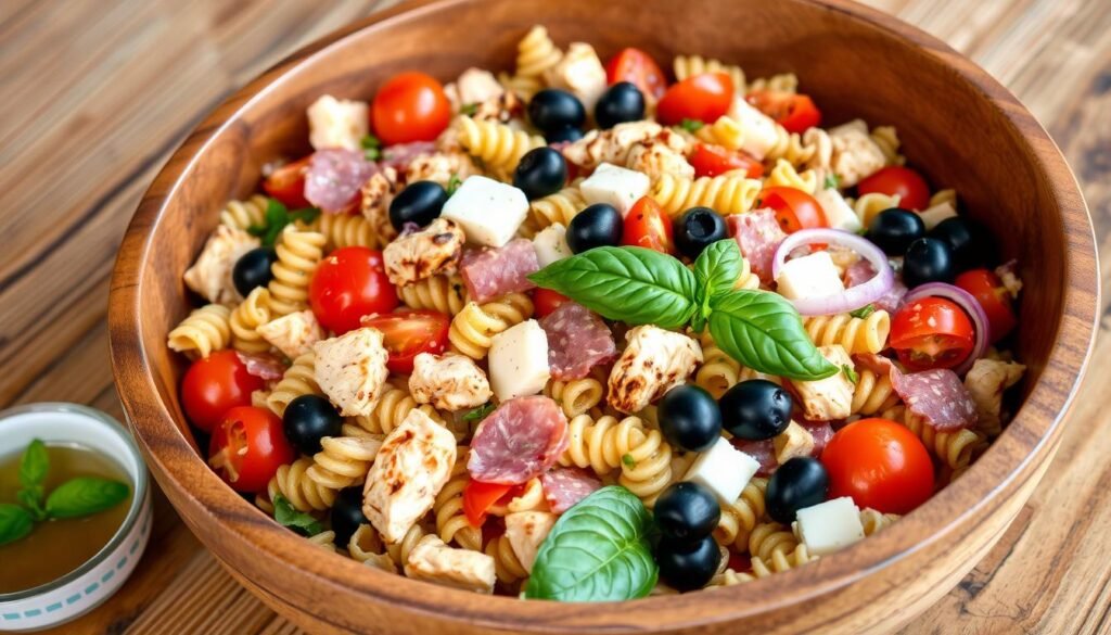 Italian chicken pasta salad with mozzarella, salami, and Italian dressing