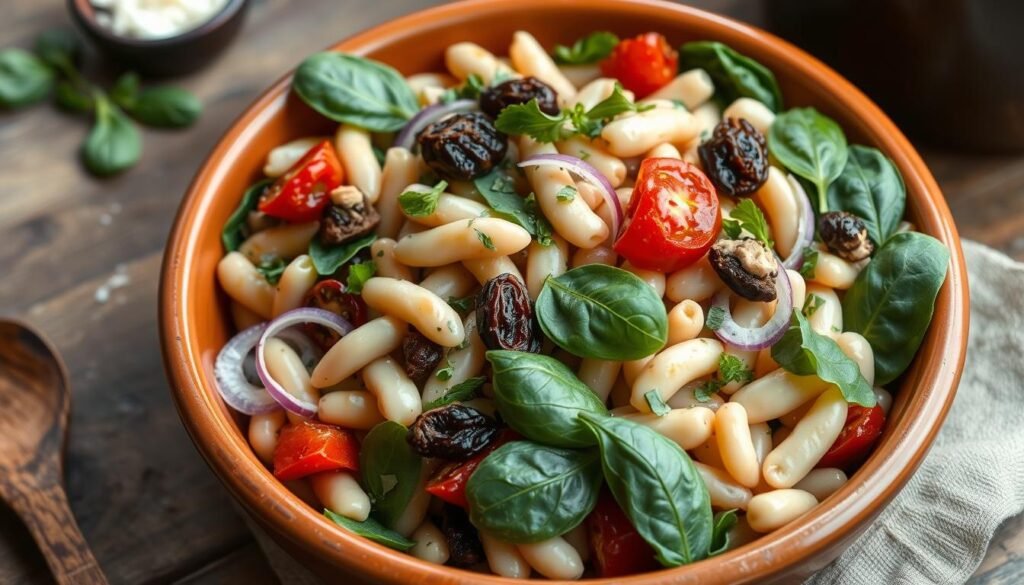Italian-inspired pasta salad with white beans, sun-dried tomatoes, and fresh herbs