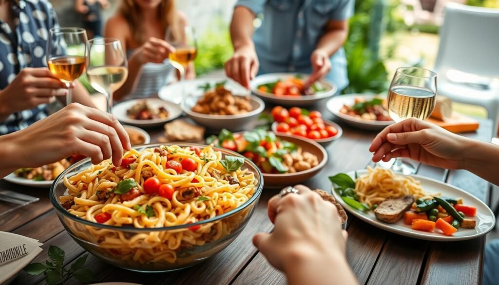 Italian pasta salad being enjoyed at an outdoor gathering with friends and family