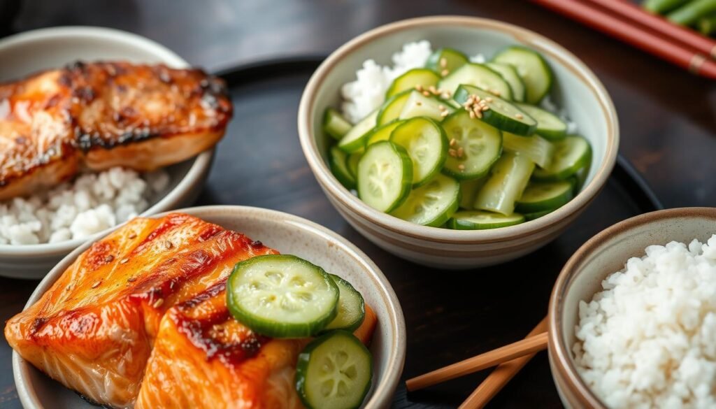 Japanese cucumber salad served alongside grilled salmon and rice