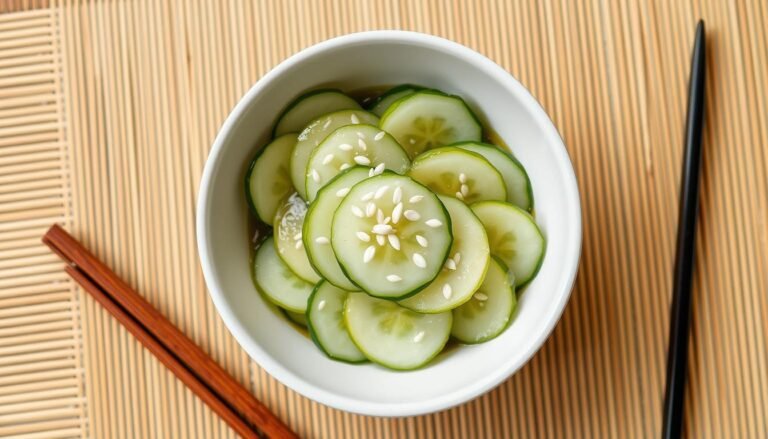 Japanese cucumber salad served in a small ceramic bowl with sesame seeds sprinkled on top