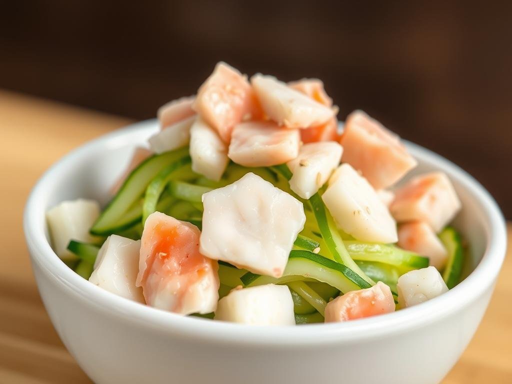 Japanese cucumber salad topped with pieces of crab meat