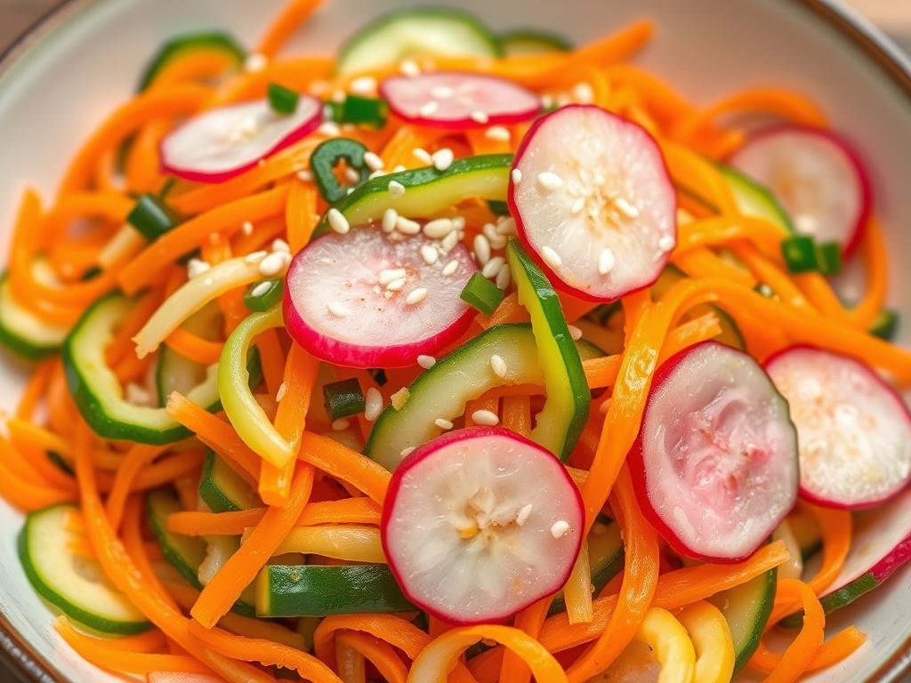 Japanese cucumber salad with colorful vegetable additions including carrot ribbons and radish slices