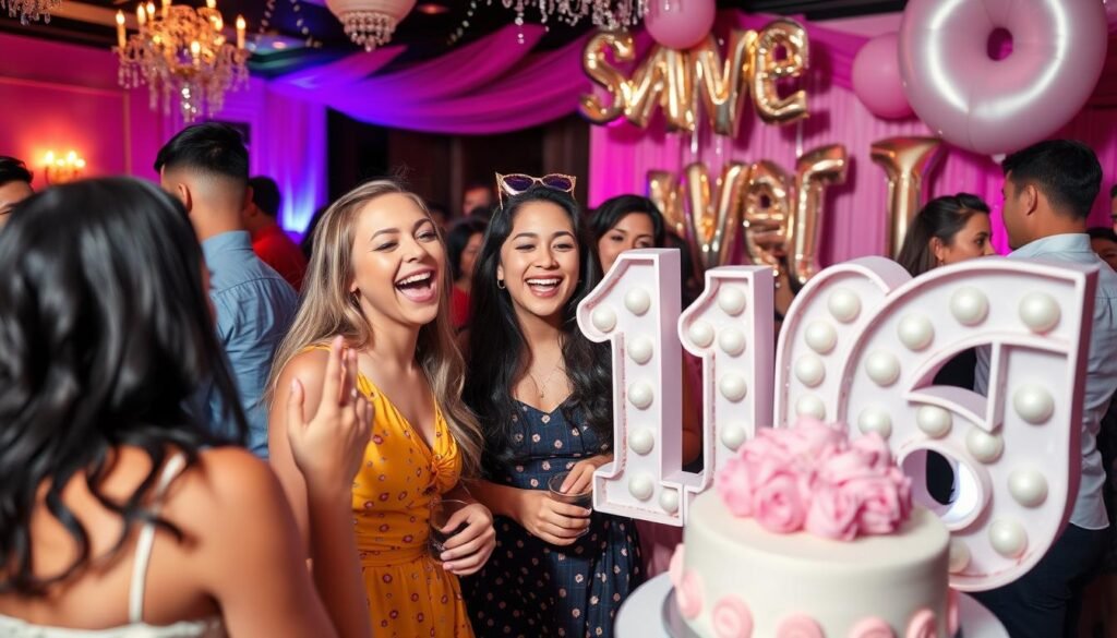 Joyful sweet 16 celebration with friends and family enjoying the beautifully decorated venue Joyful sweet 16 celebration with friends and family enjoying the beautifully decorated venue