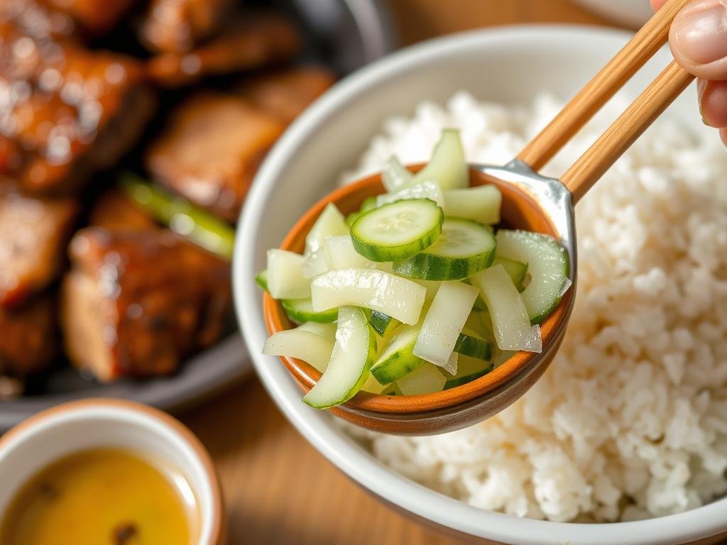 Korean cucumber salad being served as a side dish with rice and grilled meat