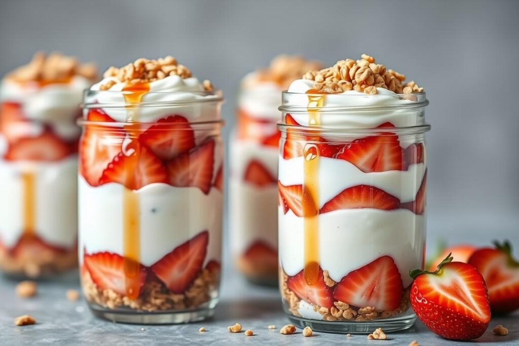 Layered strawberry yogurt parfaits in glass jars with granola