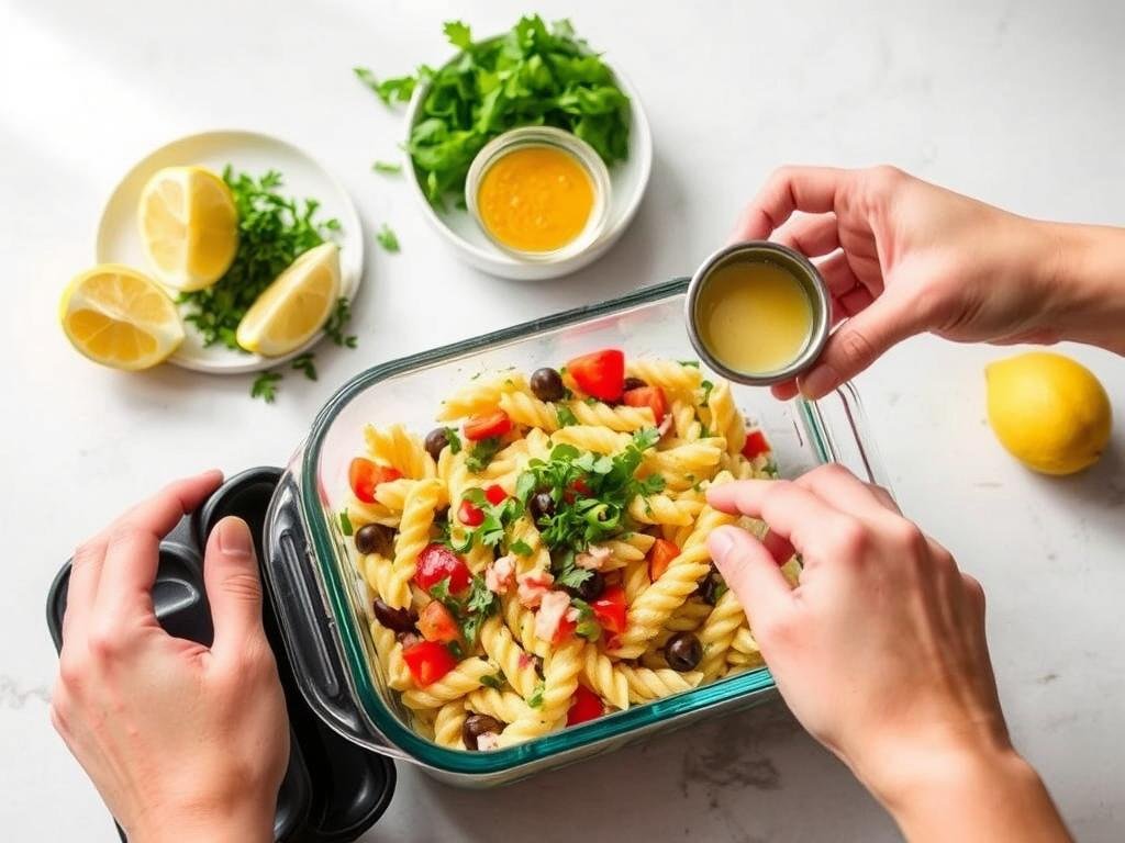 Leftover pasta salad with Italian dressing being refreshed with additional ingredients Leftover pasta salad with Italian dressing being refreshed with additional ingredients