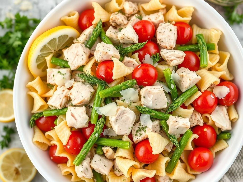 Lemon herb chicken pasta salad with asparagus and parmesan cheese