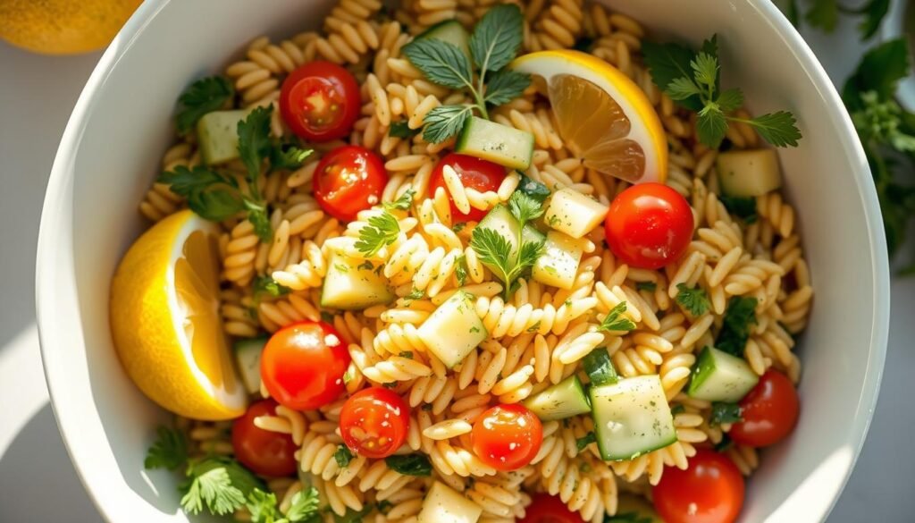 Lemon herb orzo pasta salad with fresh herbs and vegetables