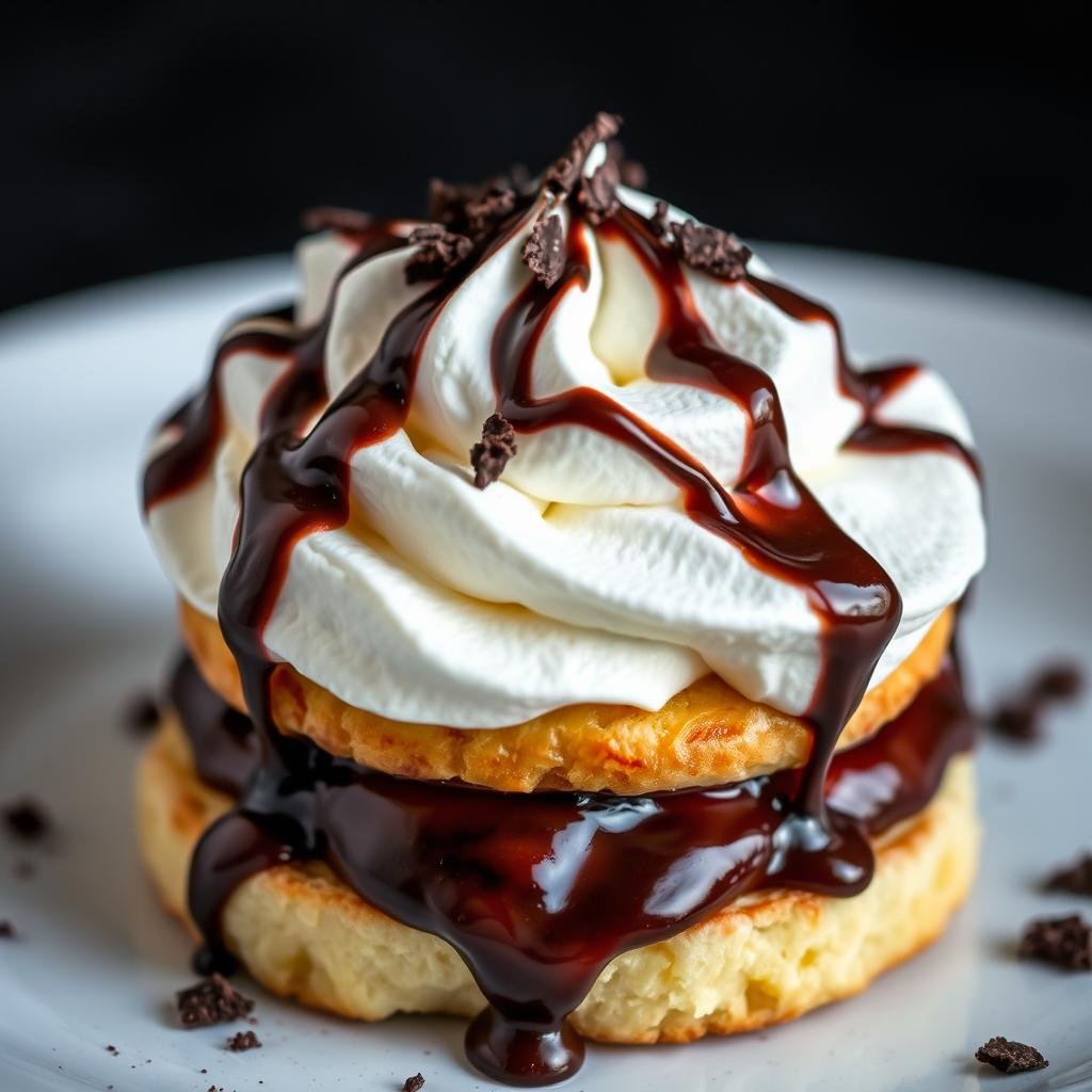 Lemon meringue strawberry shortcake with dark chocolate drizzled over the top