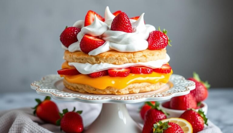 Lemon meringue strawberry shortcake with golden biscuits, bright yellow lemon curd, fluffy white meringue, and fresh red strawberries arranged on a decorative cake stand