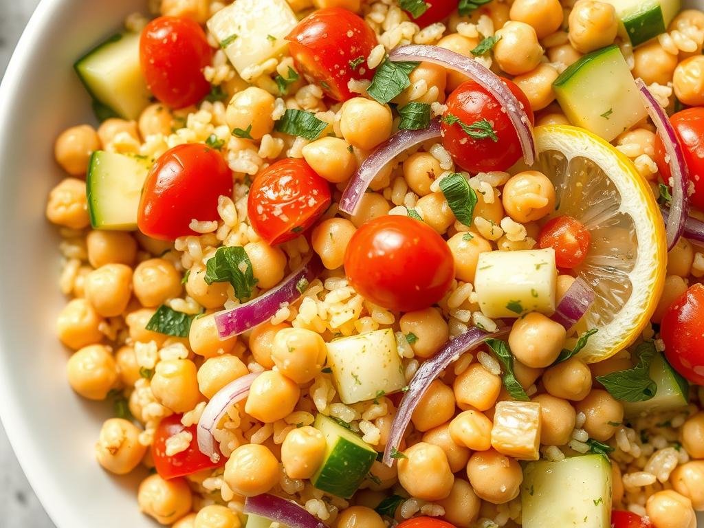 Lemon orzo pasta salad with chickpeas, cucumber, and fresh herbs in a white bowl Lemon orzo pasta salad with chickpeas, cucumber, and fresh herbs in a white bowl