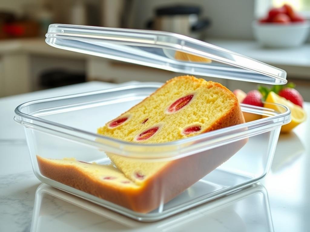 Lemon strawberry cake slice being stored in an airtight container