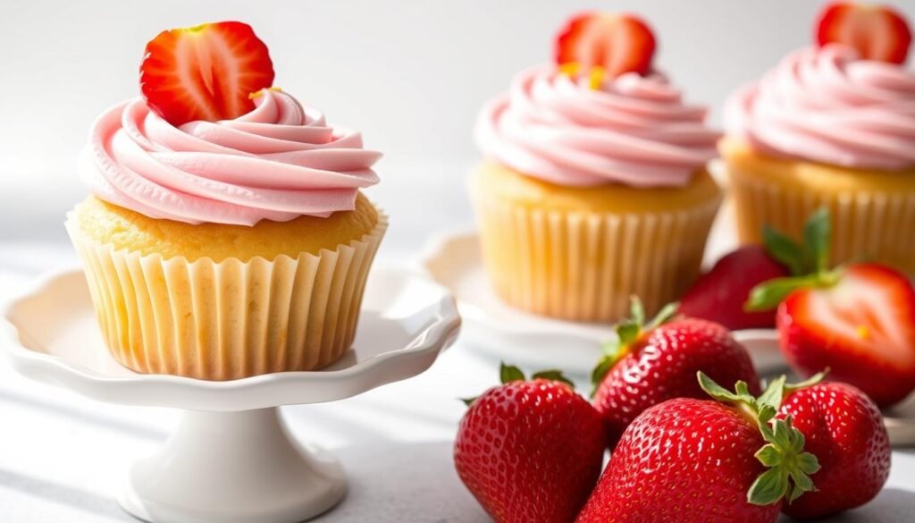 Lemon strawberry cupcakes with swirled pink frosting and fresh berries on top