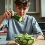 Logan Moffitt, the TikTok cucumber guy, preparing his viral cucumber salad