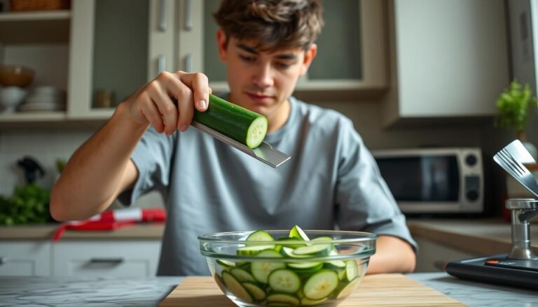 Logan Moffitt, the TikTok cucumber guy, preparing his viral cucumber salad