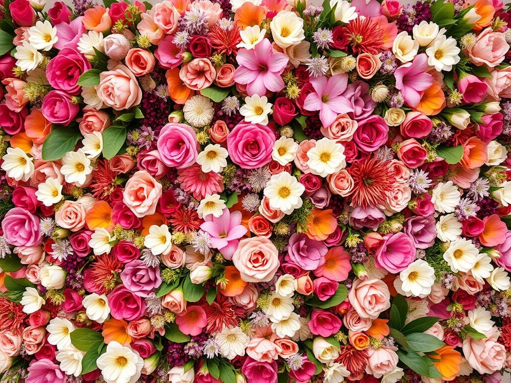 Lush flower wall in coordinated colors creating a botanical photo backdrop