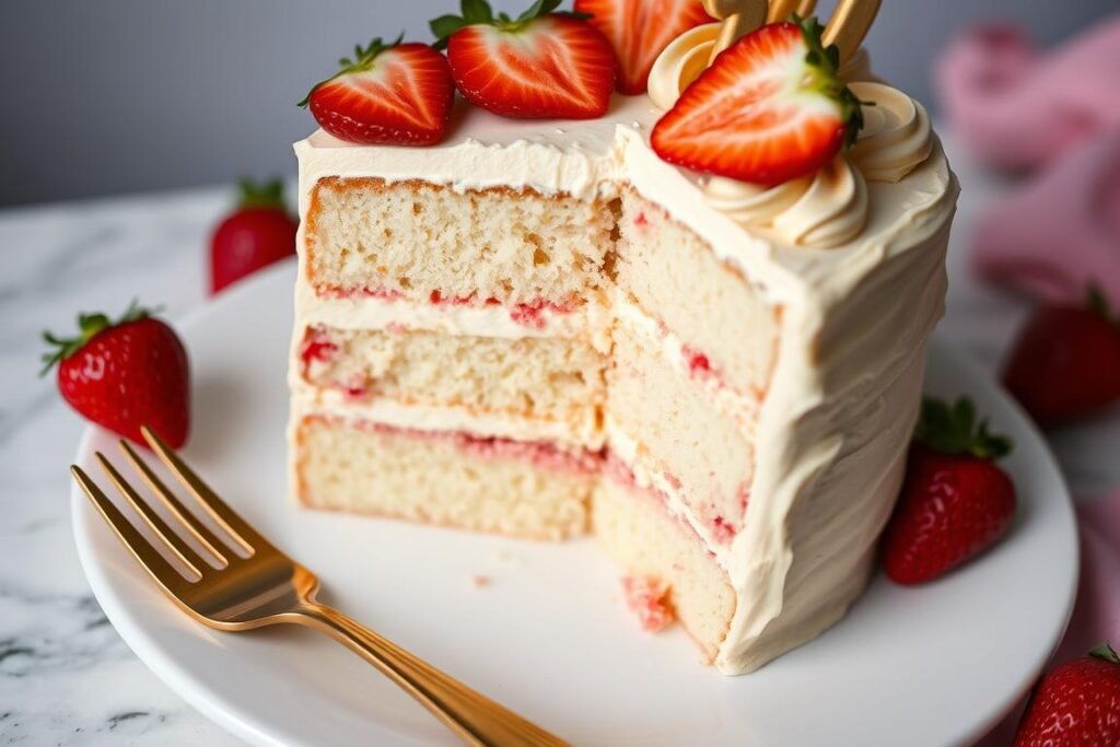 Luxurious champagne and strawberry 50th birthday cake with gold decorations Luxurious champagne and strawberry 50th birthday cake with gold decorations