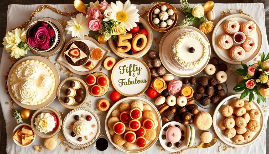 Luxurious dessert grazing table for 50th birthday with various mini cakes, tarts, and treats Luxurious dessert grazing table for 50th birthday with various mini cakes, tarts, and treats