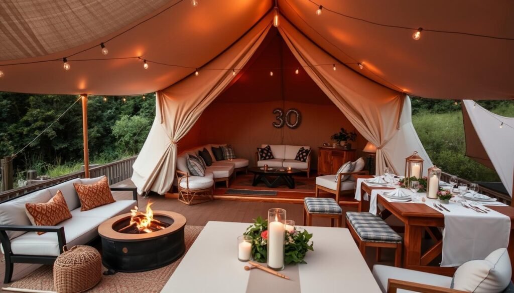 Luxury glamping setup for 30th birthday with decorated tents, outdoor lounge area, and string lights